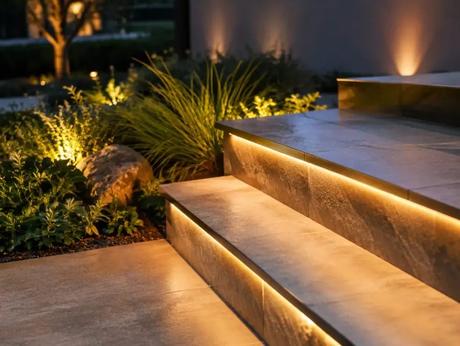 Detail of patio step lighting and planting