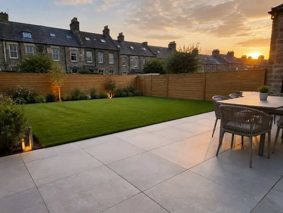 Example of a finished porcelain patio and lawn