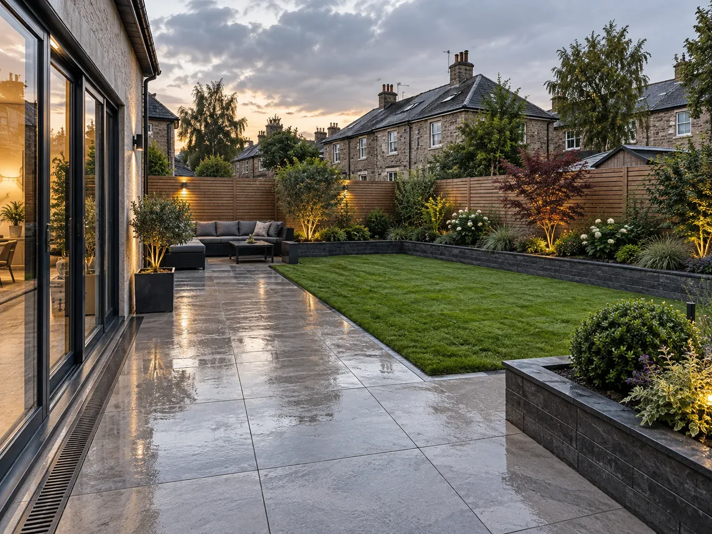 Example of a landscaped porcelain patio and lawn with garden lighting