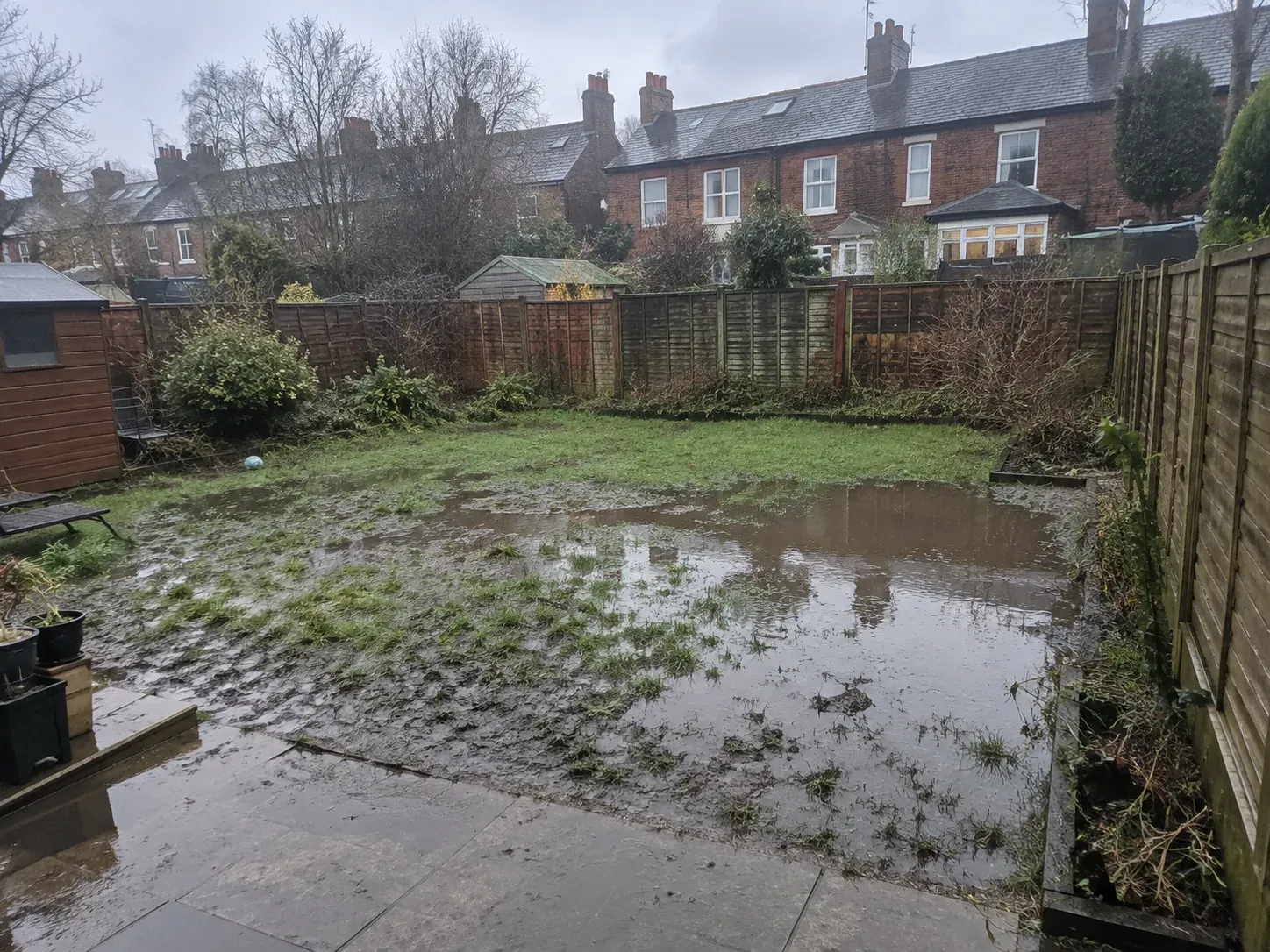 Example of a waterlogged garden lawn in need of drainage work