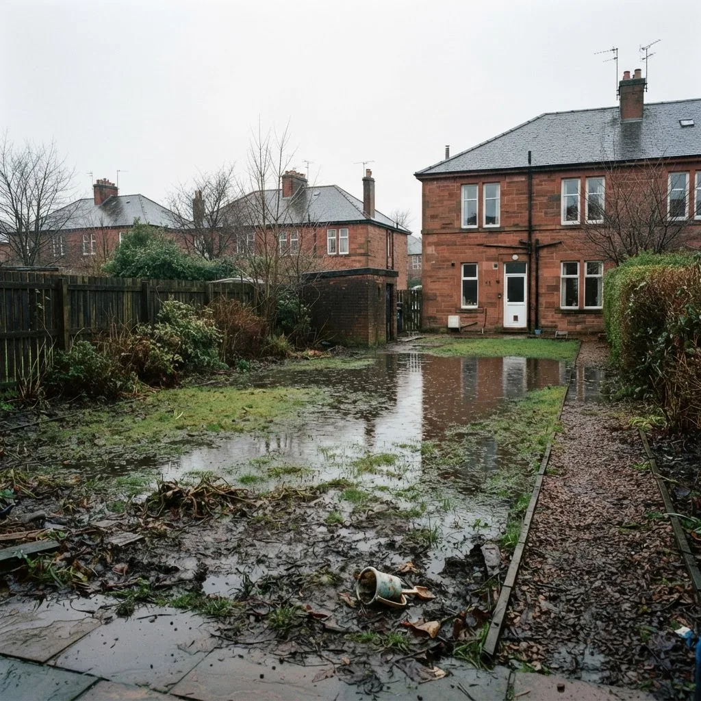 Waterlogged clay garden before landscaping