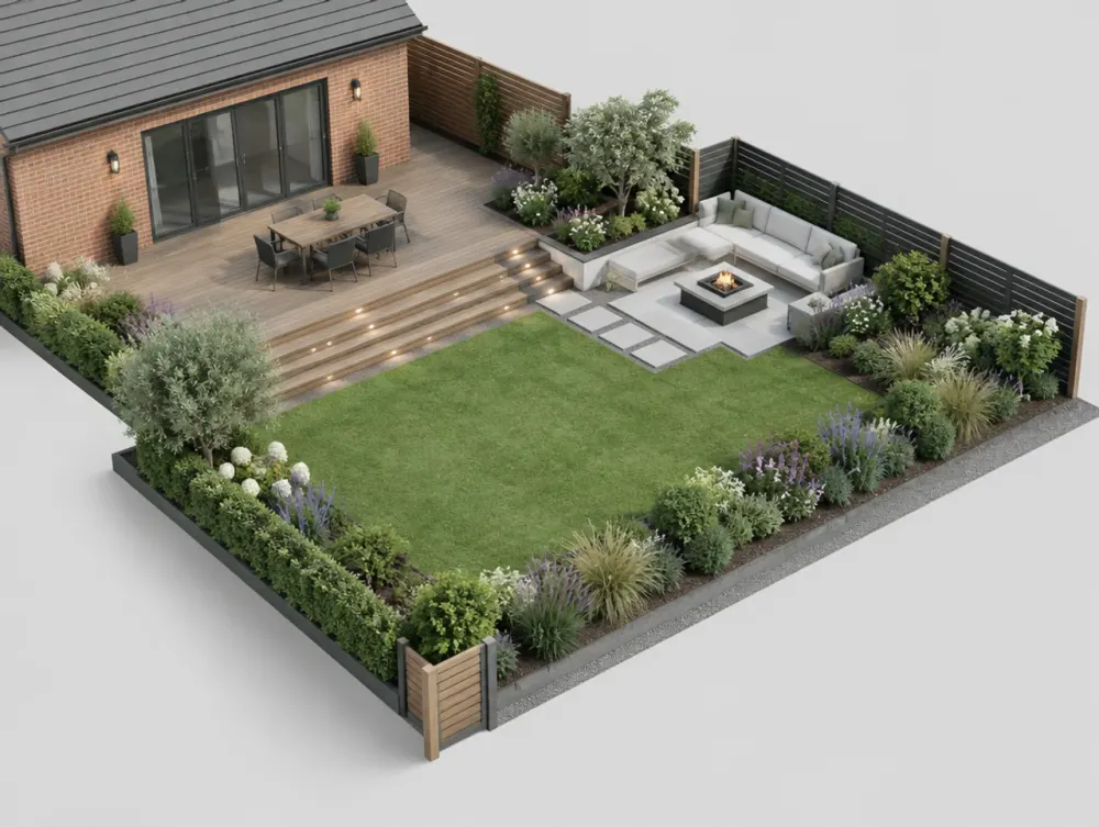 Isometric 3D render of a garden design with deck and seating