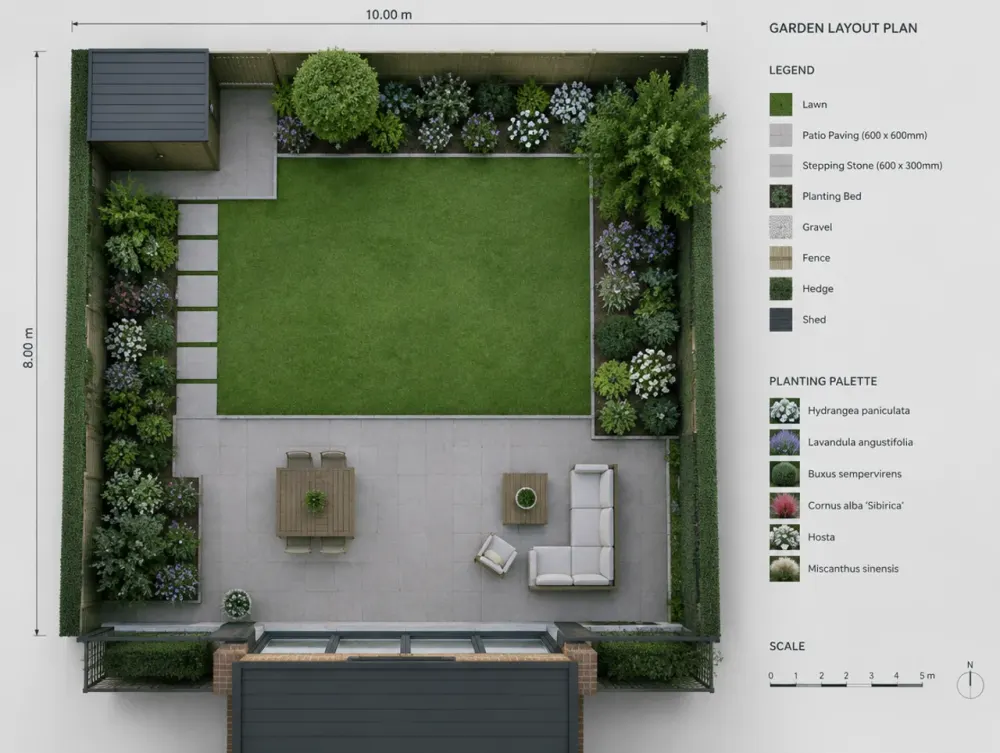 Top-down flat plan render of a garden layout design