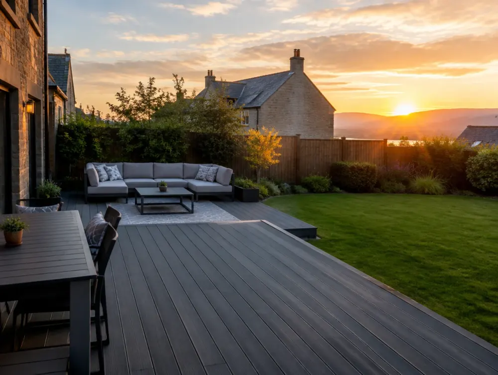 Finished composite decking area with outdoor furniture