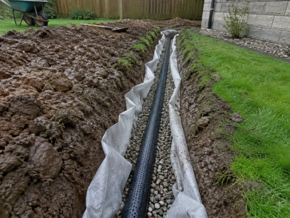 French drain trench being installed with perforated pipe