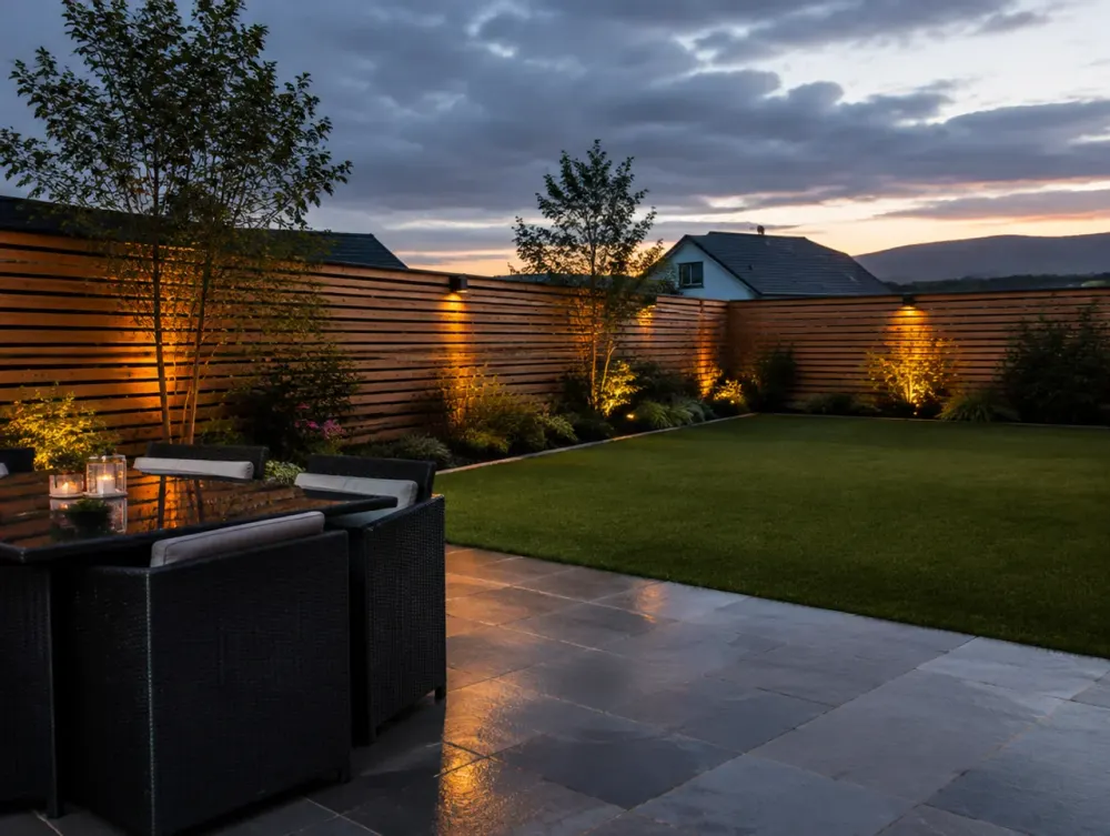 Slatted privacy fencing enclosing a garden at dusk