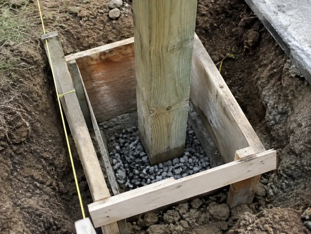 Fence post being set into a concrete footing