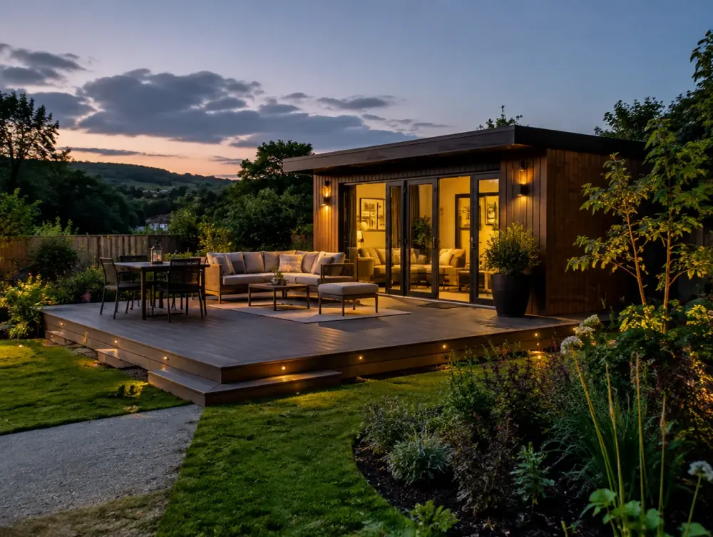 Garden room connected to a composite decking platform