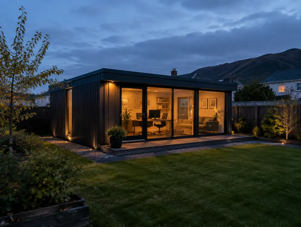 Modern insulated garden room at dusk
