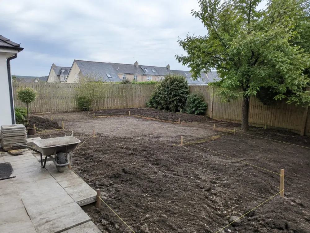 Full garden redesign mid-construction with groundworks underway