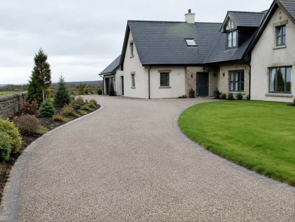Curved resin bound driveway leading to a house