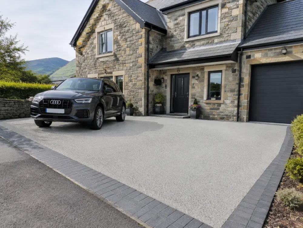 Finished resin bound driveway outside a Scottish house