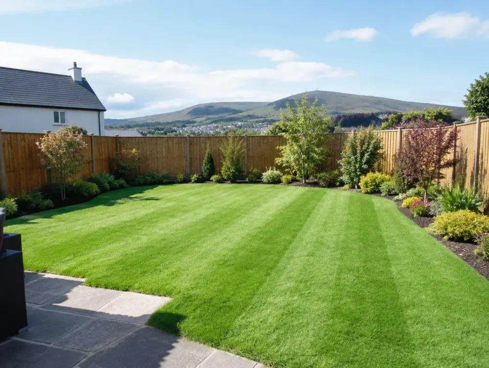 Lush artificial grass lawn bordered by planting