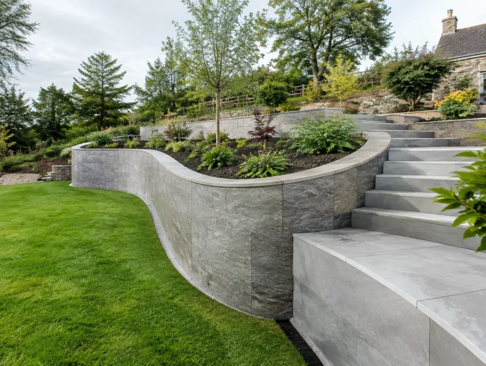 Curved porcelain-faced retaining wall terrace with steps