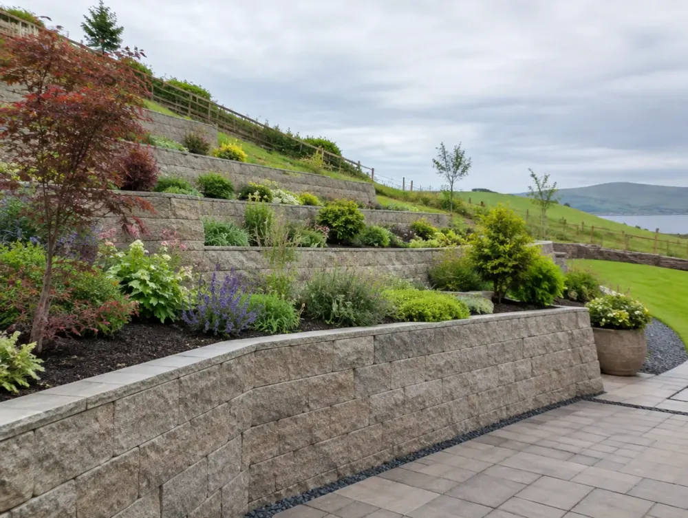 Tiered garden with engineered stone retaining walls